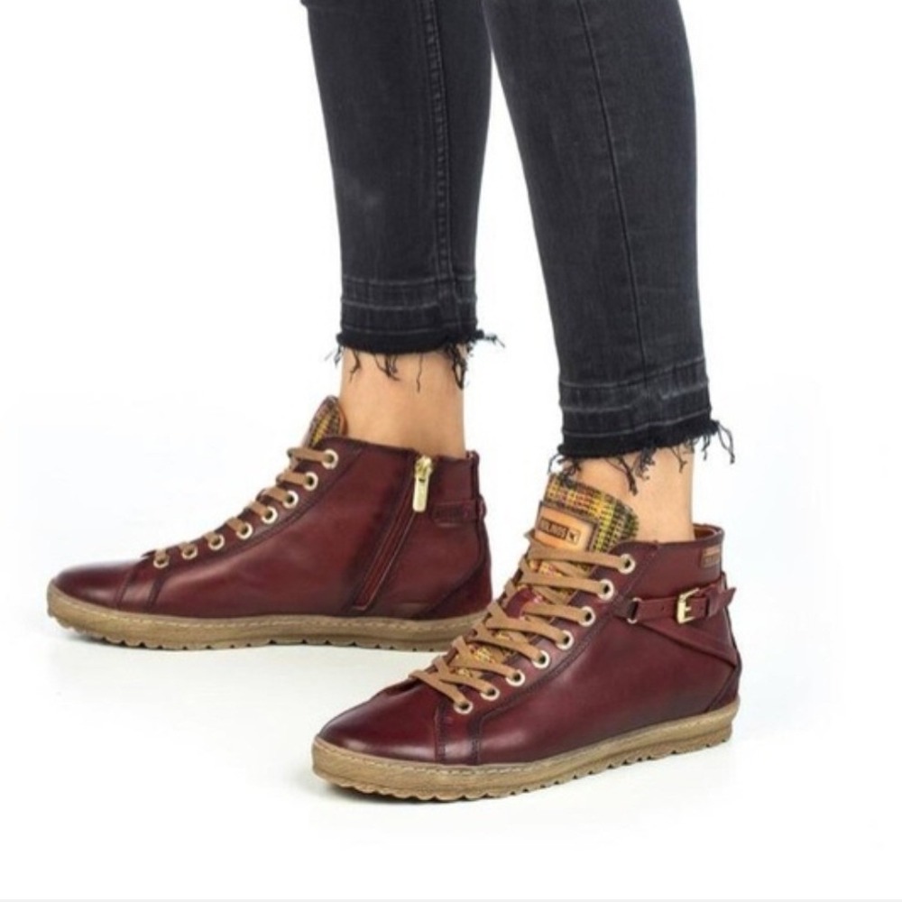 Pikolinos Lagos Burgundy Leather High Top Sneaker Boots Buckle Side Zip Size 38